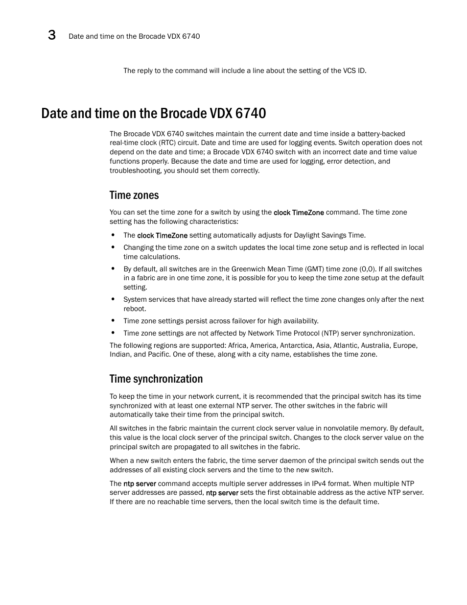 Date and time on the brocade vdx 6740, Time zones, Time synchronization | Brocade VDX 6740 Hardware Reference Manual (Supporting VDX 6740, VDX 6740T, and VDX 6740T-1G) User Manual | Page 30 / 78