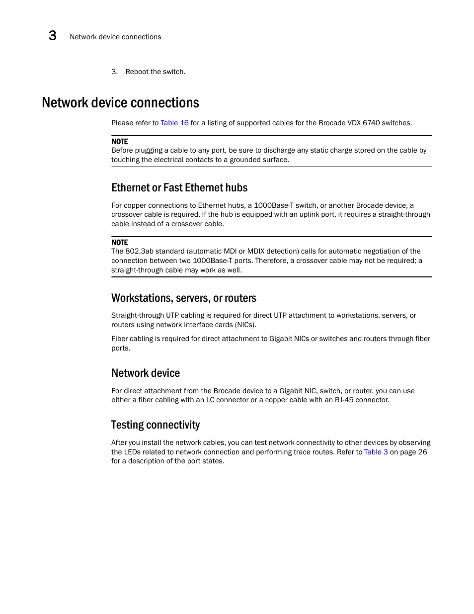 Network device connections, Ethernet or fast ethernet hubs, Workstations, servers, or routers | Network device, Testing connectivity | Brocade VDX 6740 Hardware Reference Manual (Supporting VDX 6740, VDX 6740T, and VDX 6740T-1G) User Manual | Page 32 / 78