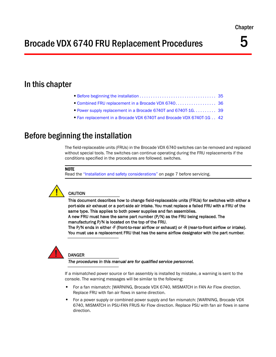 Brocade vdx 6740 fru replacement procedures, In this chapter, Before beginning the installation | Chapter 5 | Brocade VDX 6740 Hardware Reference Manual (Supporting VDX 6740, VDX 6740T, and VDX 6740T-1G) User Manual | Page 47 / 78