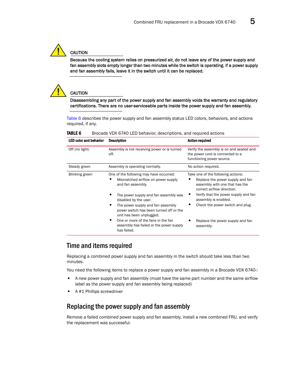 Time and items required, Replacing the power supply and fan assembly | Brocade VDX 6740 Hardware Reference Manual (Supporting VDX 6740, VDX 6740T, and VDX 6740T-1G) User Manual | Page 49 / 78