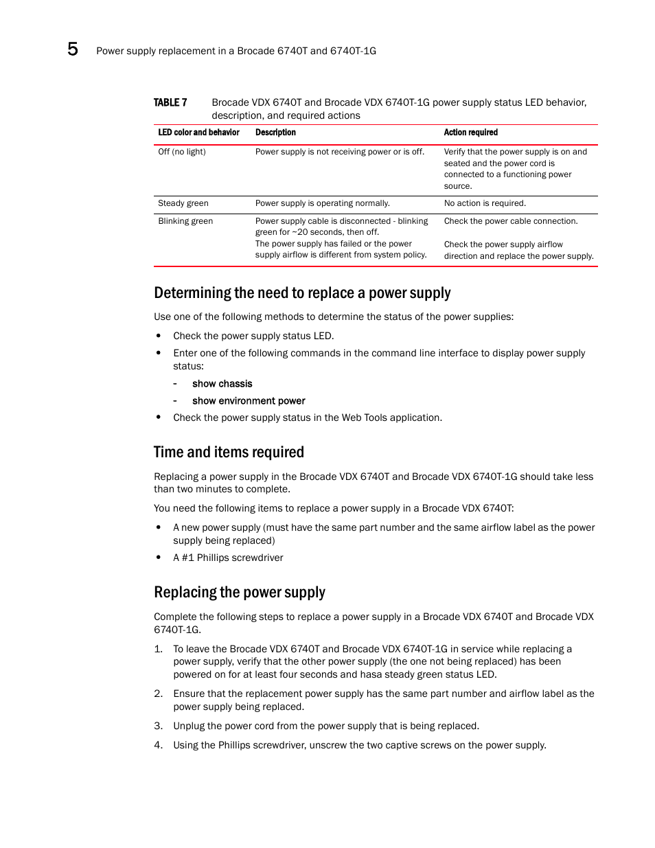 Determining the need to replace a power supply, Time and items required, Replacing the power supply | Table 7 | Brocade VDX 6740 Hardware Reference Manual (Supporting VDX 6740, VDX 6740T, and VDX 6740T-1G) User Manual | Page 52 / 78