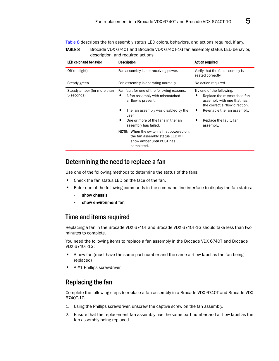 Determining the need to replace a fan, Time and items required, Replacing the fan | Brocade VDX 6740 Hardware Reference Manual (Supporting VDX 6740, VDX 6740T, and VDX 6740T-1G) User Manual | Page 55 / 78