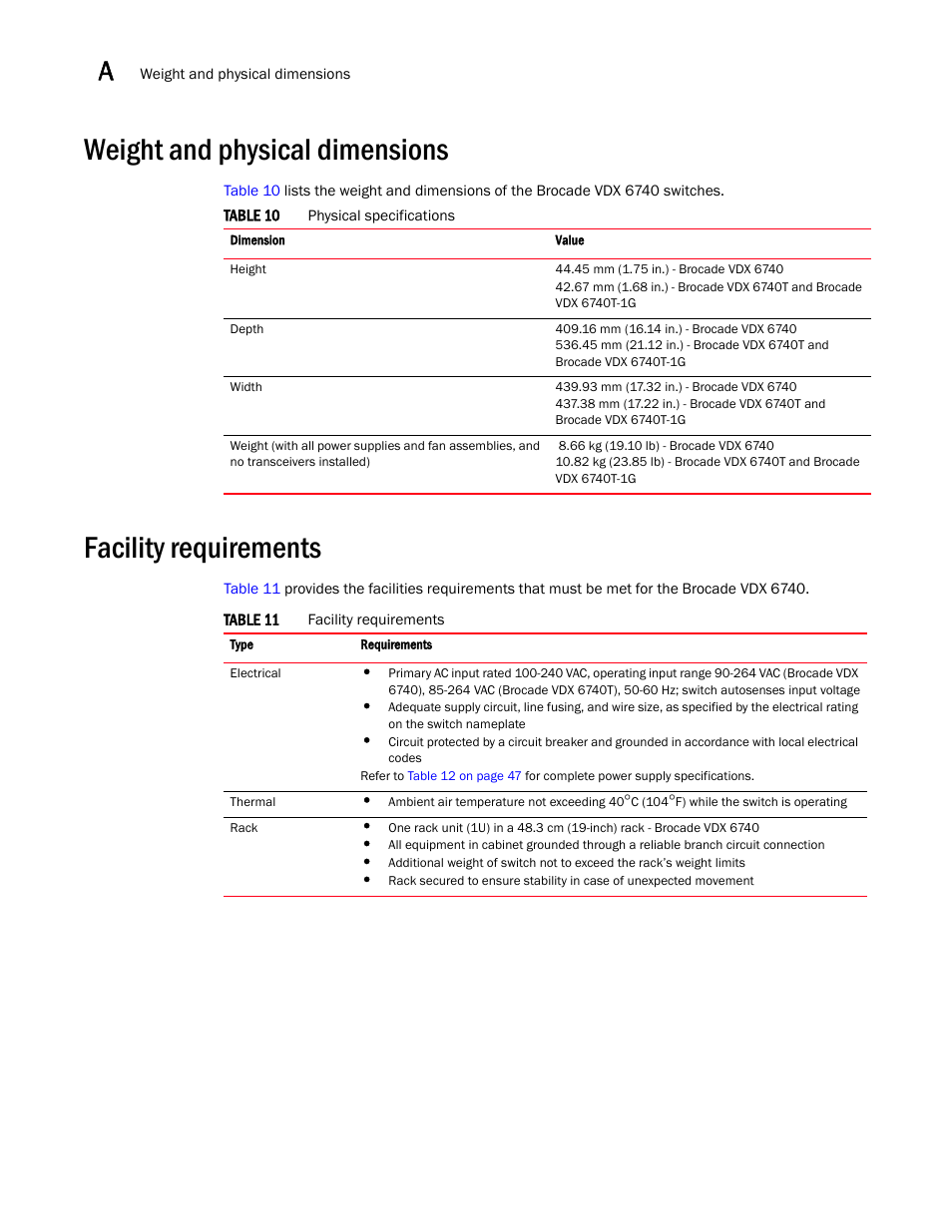Weight and physical dimensions, Facility requirements | Brocade VDX 6740 Hardware Reference Manual (Supporting VDX 6740, VDX 6740T, and VDX 6740T-1G) User Manual | Page 58 / 78
