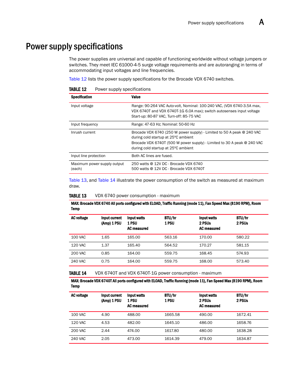 Power supply specifications | Brocade VDX 6740 Hardware Reference Manual (Supporting VDX 6740, VDX 6740T, and VDX 6740T-1G) User Manual | Page 59 / 78