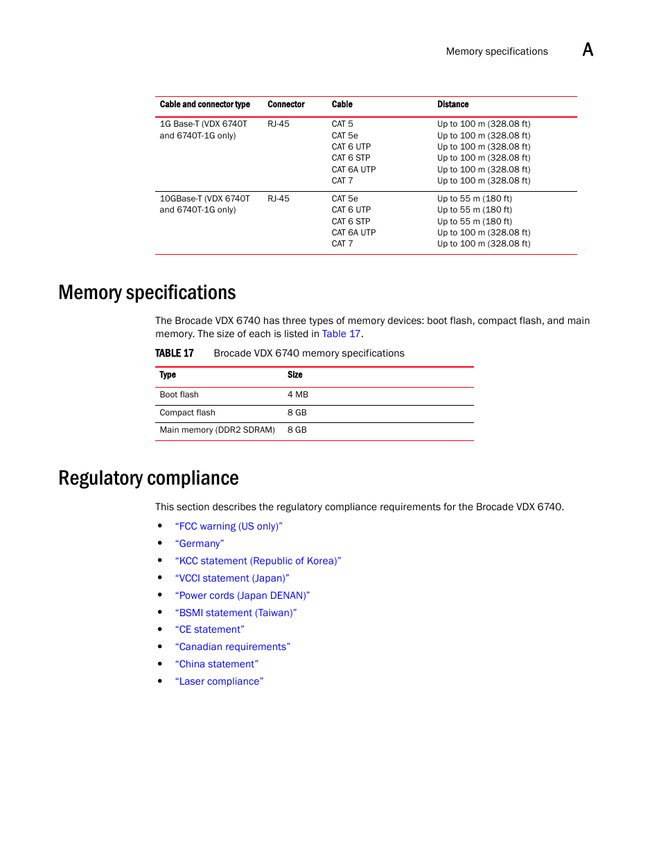 Memory specifications, Regulatory compliance | Brocade VDX 6740 Hardware Reference Manual (Supporting VDX 6740, VDX 6740T, and VDX 6740T-1G) User Manual | Page 61 / 78