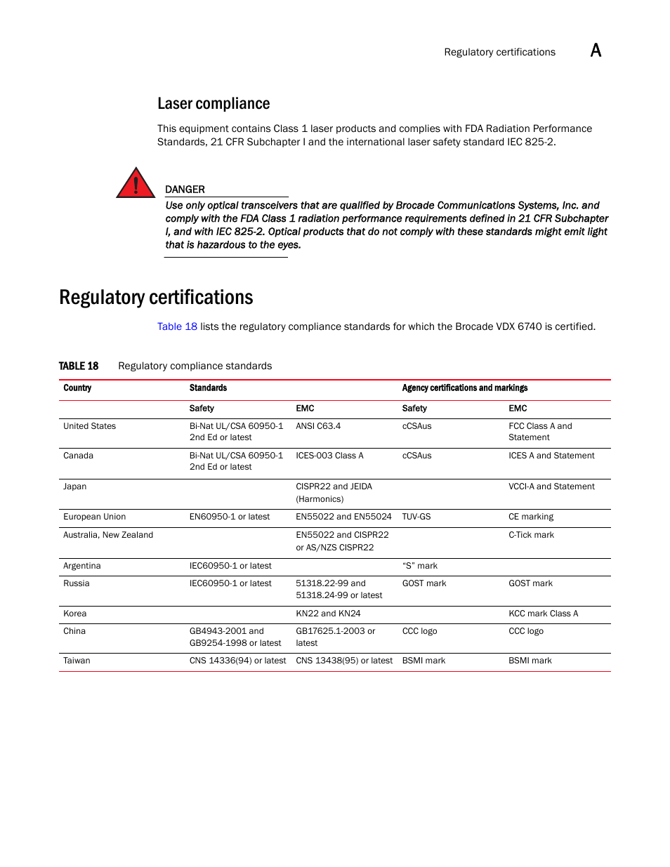 Laser compliance, Regulatory certifications | Brocade VDX 6740 Hardware Reference Manual (Supporting VDX 6740, VDX 6740T, and VDX 6740T-1G) User Manual | Page 65 / 78