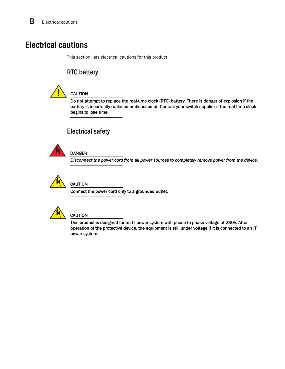 Electrical cautions, Rtc battery, Electrical safety | Brocade VDX 6740 Hardware Reference Manual (Supporting VDX 6740, VDX 6740T, and VDX 6740T-1G) User Manual | Page 74 / 78