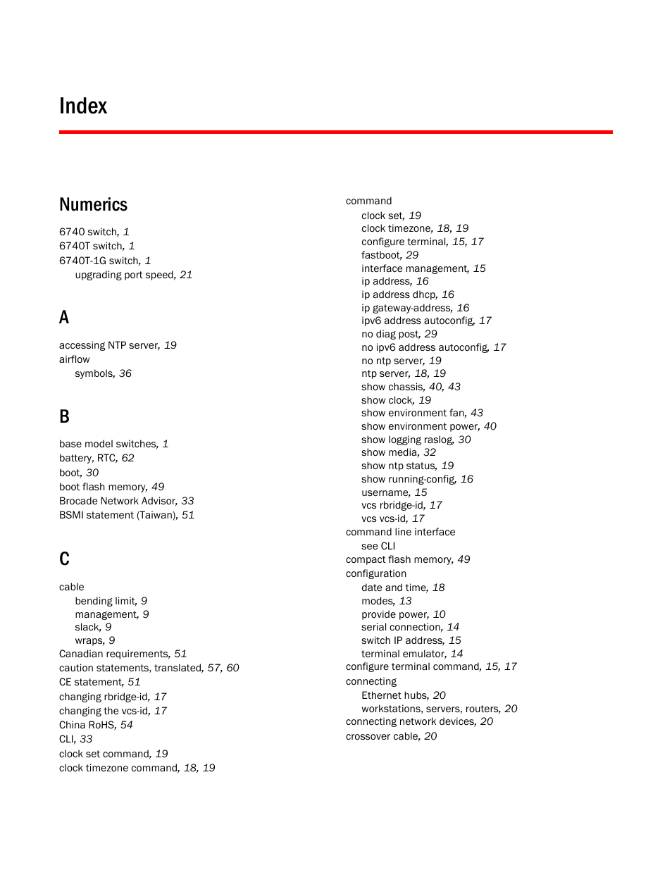 Index, Numerics | Brocade VDX 6740 Hardware Reference Manual (Supporting VDX 6740, VDX 6740T, and VDX 6740T-1G) User Manual | Page 75 / 78