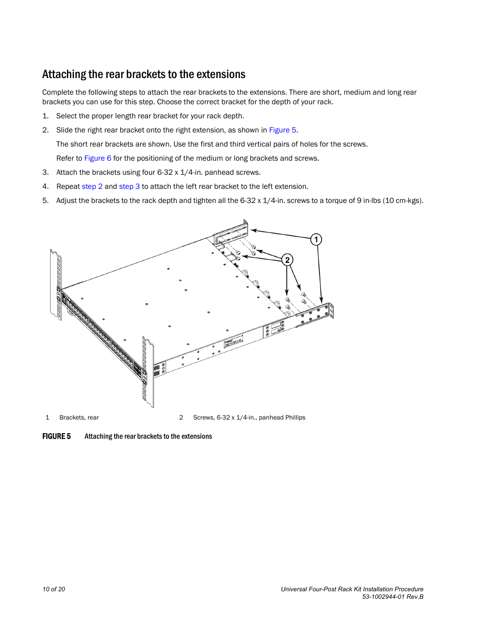 Attaching the rear brackets to the extensions | Brocade Universal Four Post Rack Kit Installation Procedure (Supporting VDX 6740T) User Manual | Page 10 / 20