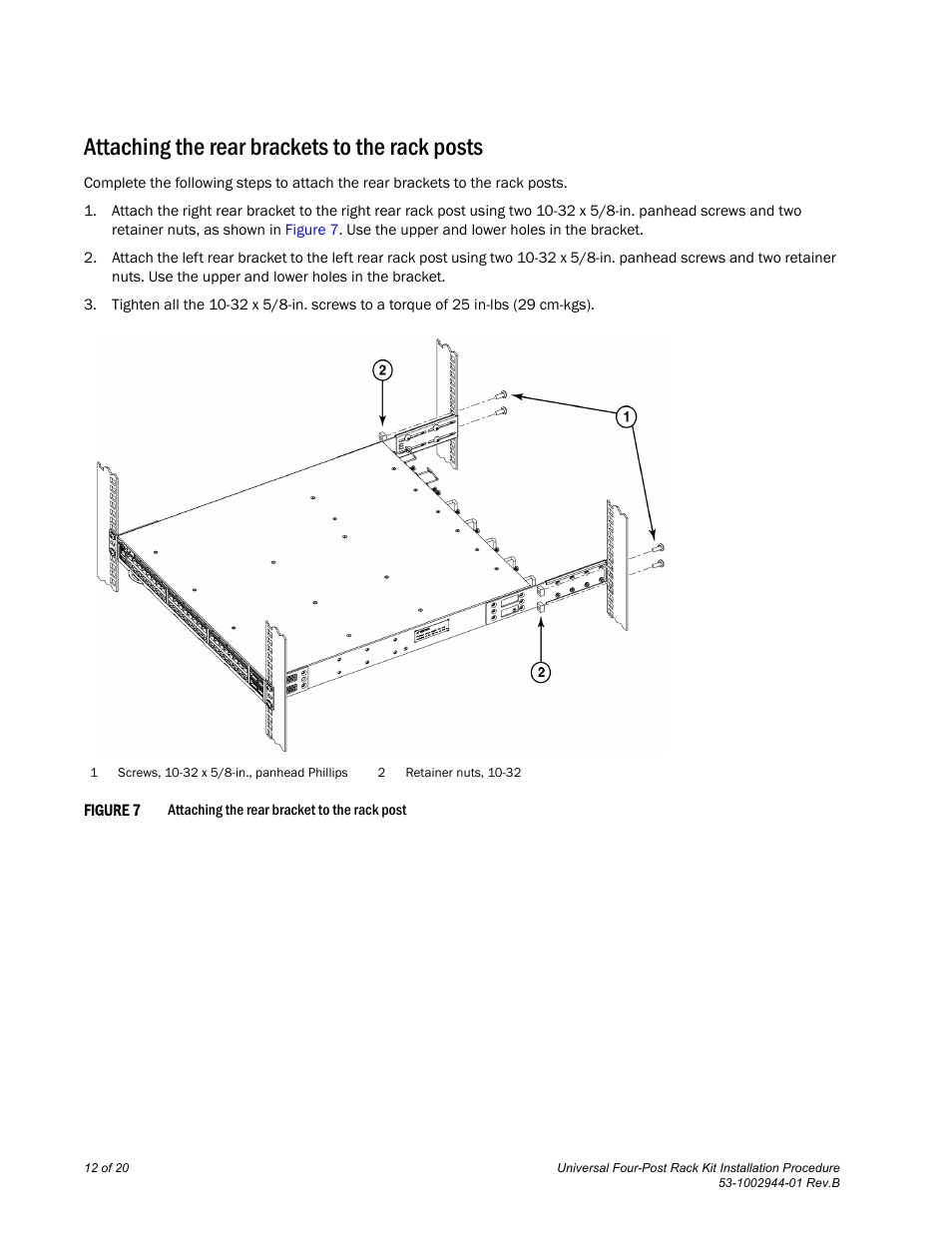 Attaching the rear brackets to the rack posts | Brocade Universal Four Post Rack Kit Installation Procedure (Supporting VDX 6740T) User Manual | Page 12 / 20