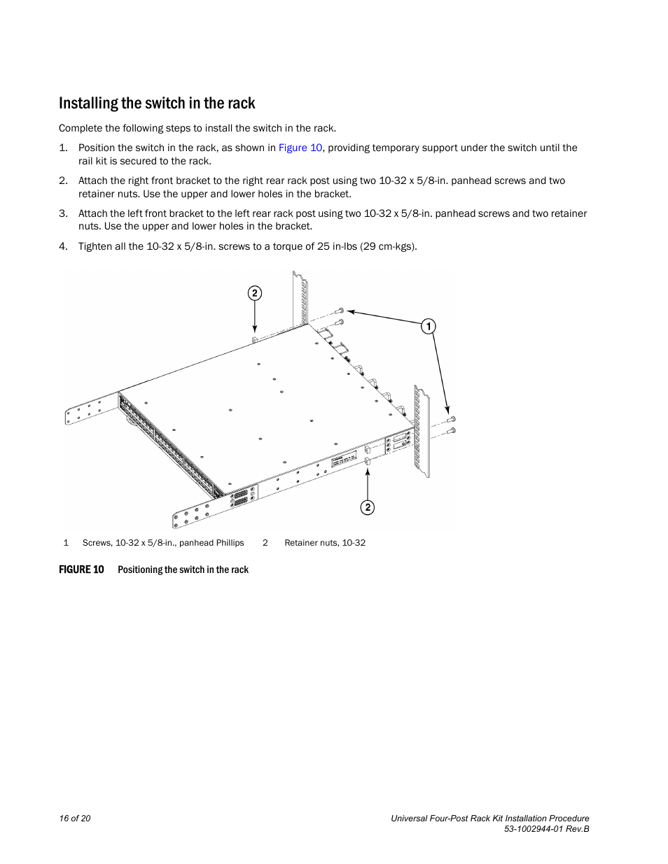 Installing the switch in the rack | Brocade Universal Four Post Rack Kit Installation Procedure (Supporting VDX 6740T) User Manual | Page 16 / 20