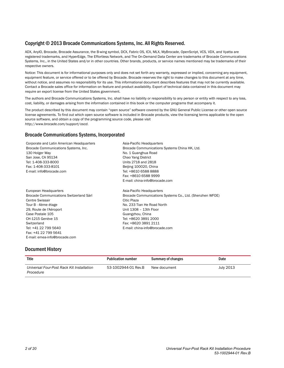 Brocade Universal Four Post Rack Kit Installation Procedure (Supporting VDX 6740T) User Manual | Page 2 / 20