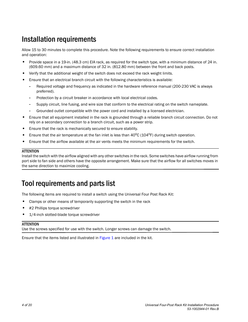 Installation requirements, Tool requirements and parts list | Brocade Universal Four Post Rack Kit Installation Procedure (Supporting VDX 6740T) User Manual | Page 4 / 20