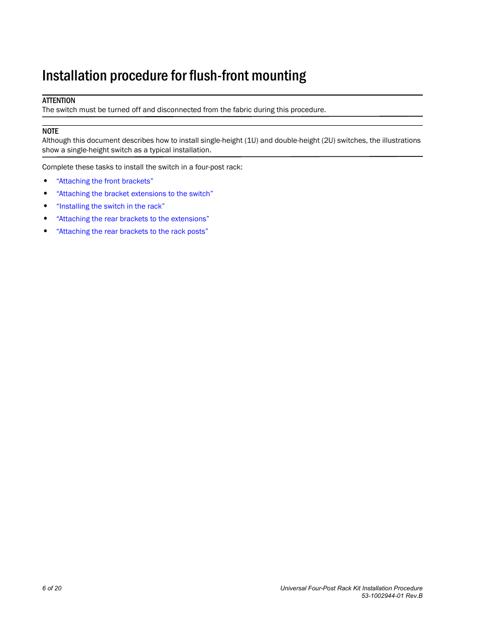 Installation procedure for flush-front mounting | Brocade Universal Four Post Rack Kit Installation Procedure (Supporting VDX 6740T) User Manual | Page 6 / 20
