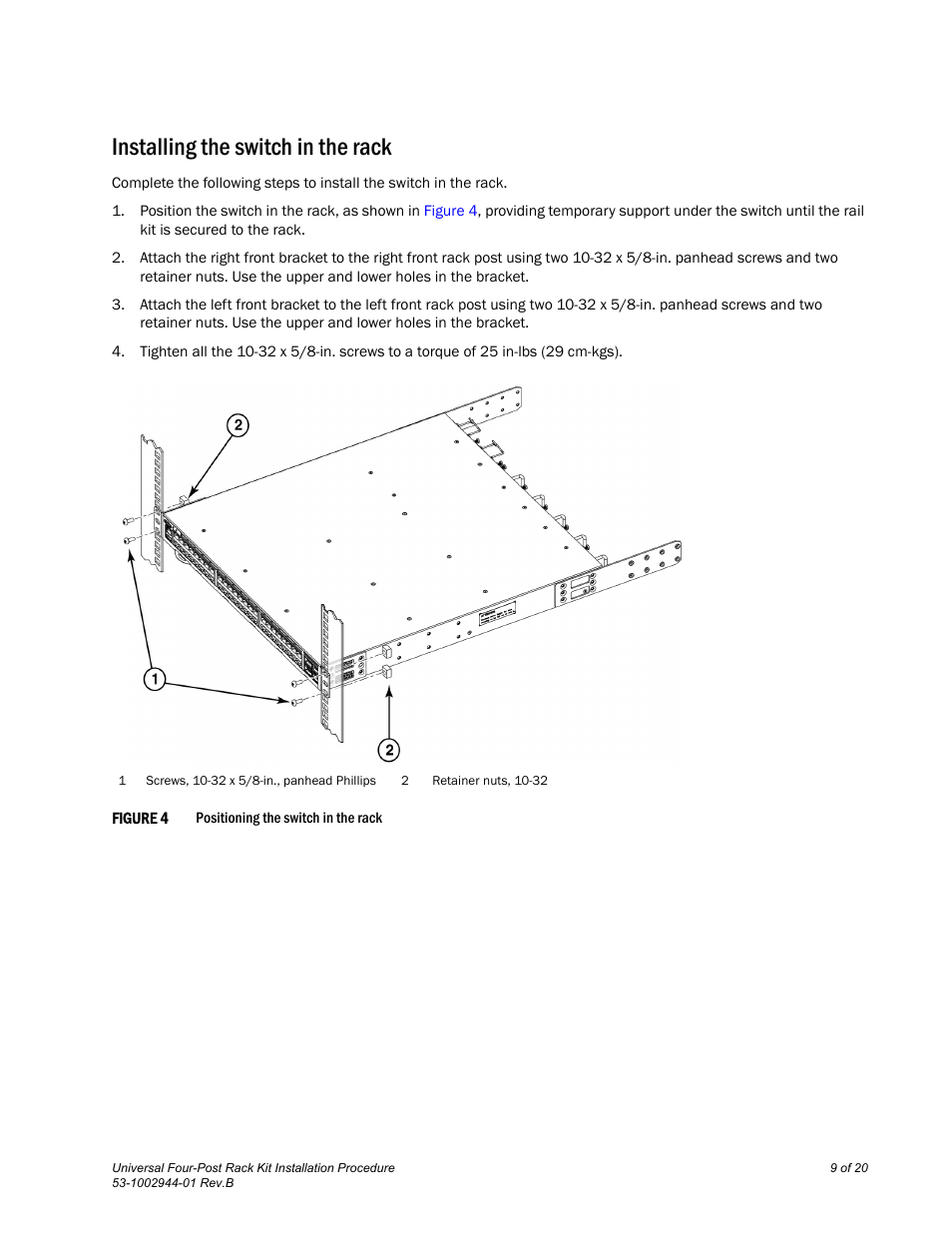 Installing the switch in the rack | Brocade Universal Four Post Rack Kit Installation Procedure (Supporting VDX 6740T) User Manual | Page 9 / 20