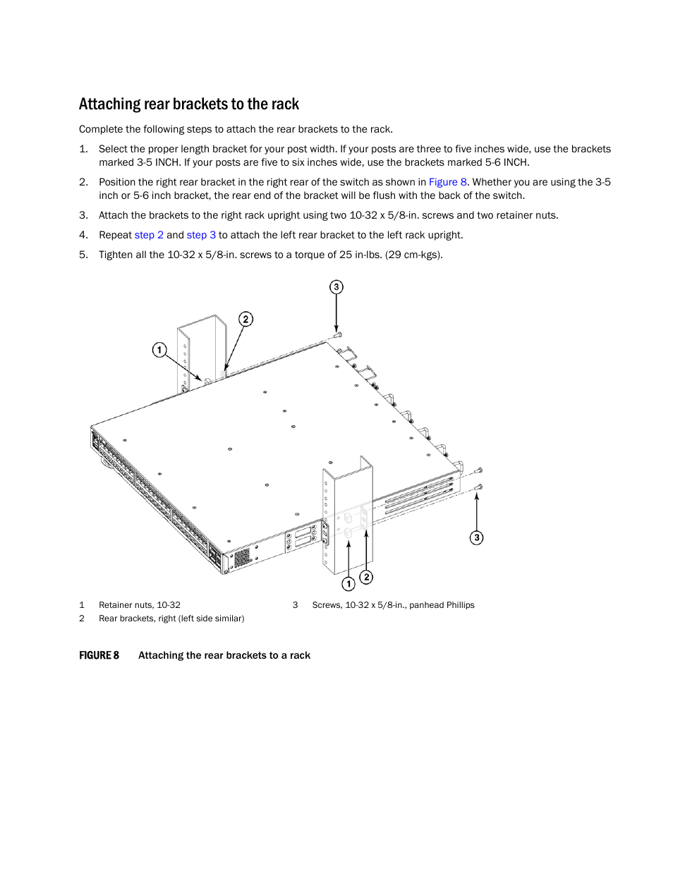 Attaching rear brackets to the rack | Brocade Universal Two-Post Rack Kit Installation Procedure (Supporting VDX 6740T) User Manual | Page 11 / 12
