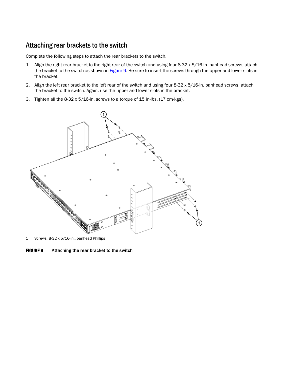 Attaching rear brackets to the switch | Brocade Universal Two-Post Rack Kit Installation Procedure (Supporting VDX 6740T) User Manual | Page 12 / 12