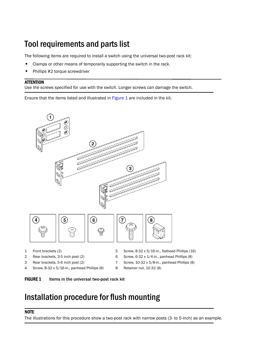 Tool requirements and parts list, Installation procedure for flush mounting | Brocade Universal Two-Post Rack Kit Installation Procedure (Supporting VDX 6740T) User Manual | Page 4 / 12
