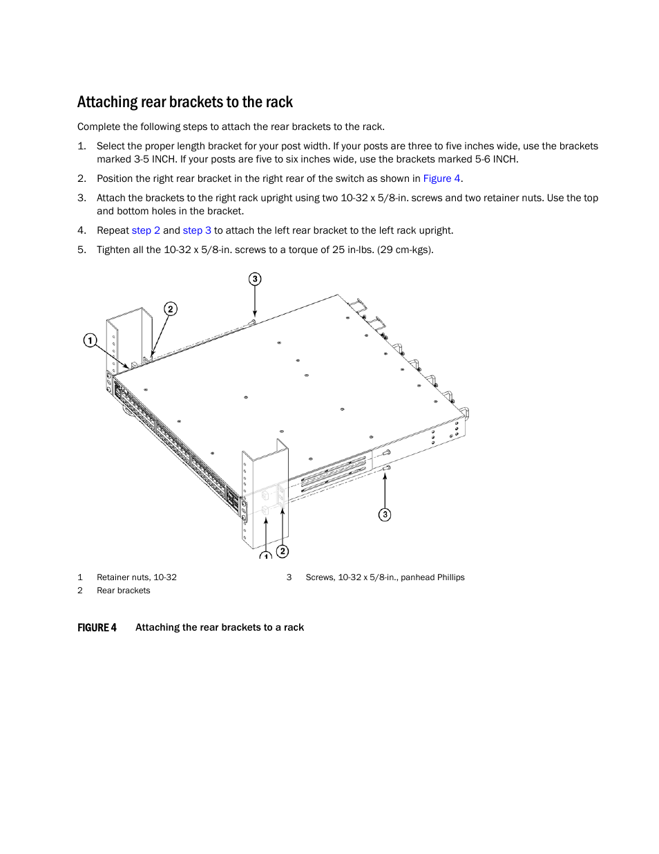 Attaching rear brackets to the rack | Brocade Universal Two-Post Rack Kit Installation Procedure (Supporting VDX 6740T) User Manual | Page 7 / 12