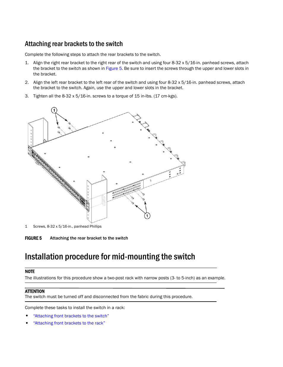 Attaching rear brackets to the switch, Installation procedure for mid-mounting the switch | Brocade Universal Two-Post Rack Kit Installation Procedure (Supporting VDX 6740T) User Manual | Page 8 / 12
