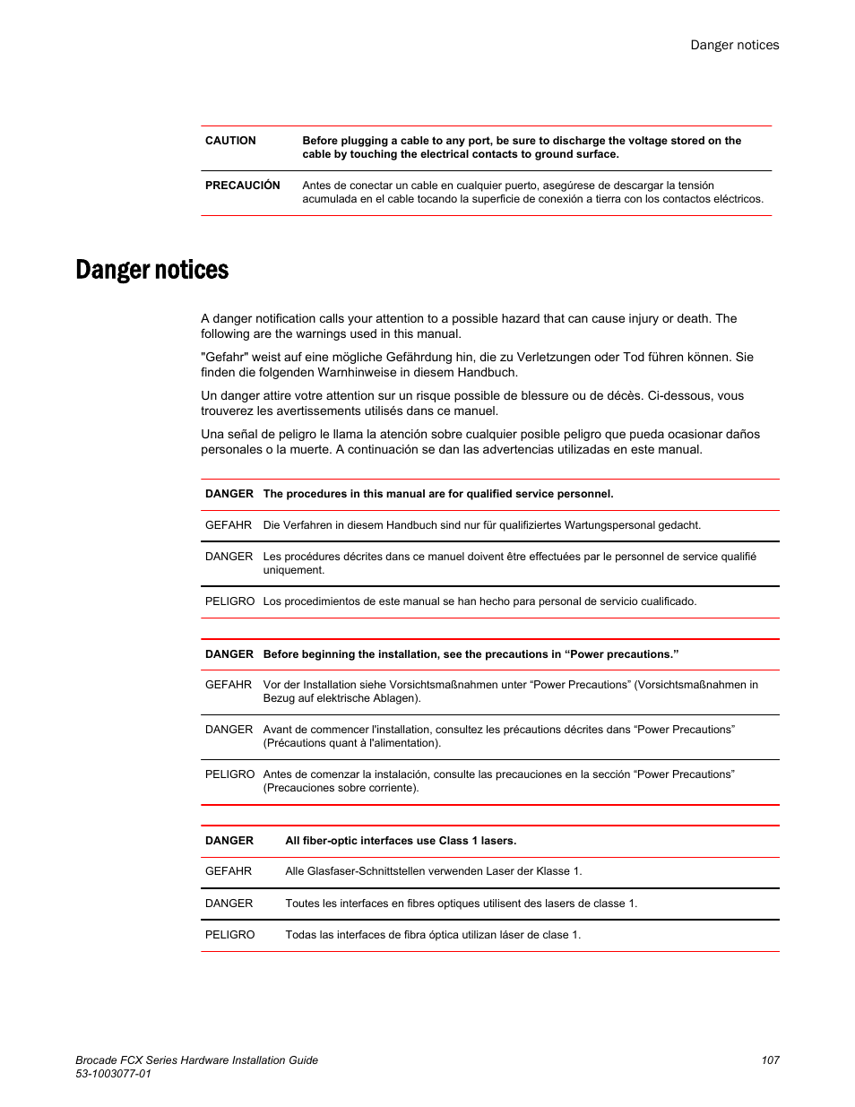 Danger notices | Brocade FCX Series Hardware Installation Guide User Manual | Page 109 / 112