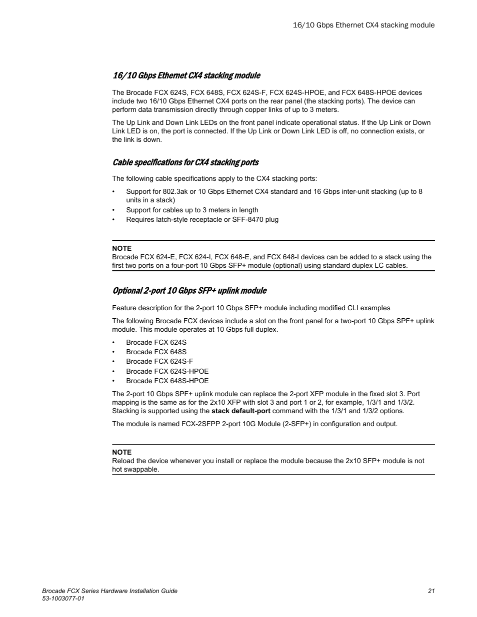 16/10 gbps ethernet cx4 stacking module, Optional 2-port 10 gbps sfp+ uplink module, Cable specifications for cx4 stacking ports | Brocade FCX Series Hardware Installation Guide User Manual | Page 23 / 112