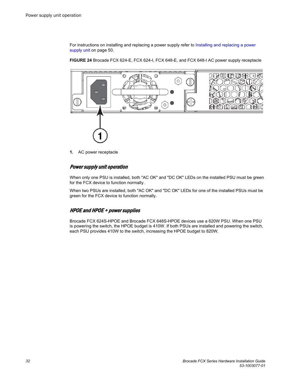 Power supply unit operation, Hpoe and hpoe + power supplies | Brocade FCX Series Hardware Installation Guide User Manual | Page 34 / 112