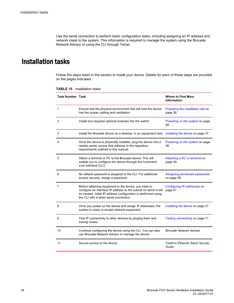 Installation tasks | Brocade FCX Series Hardware Installation Guide User Manual | Page 36 / 112