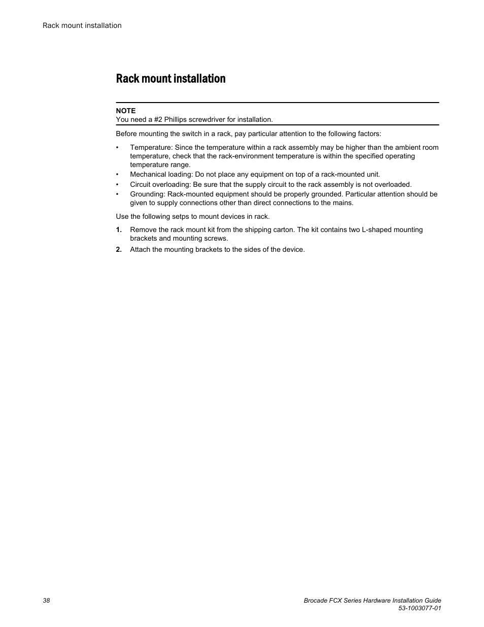 Rack mount installation | Brocade FCX Series Hardware Installation Guide User Manual | Page 40 / 112