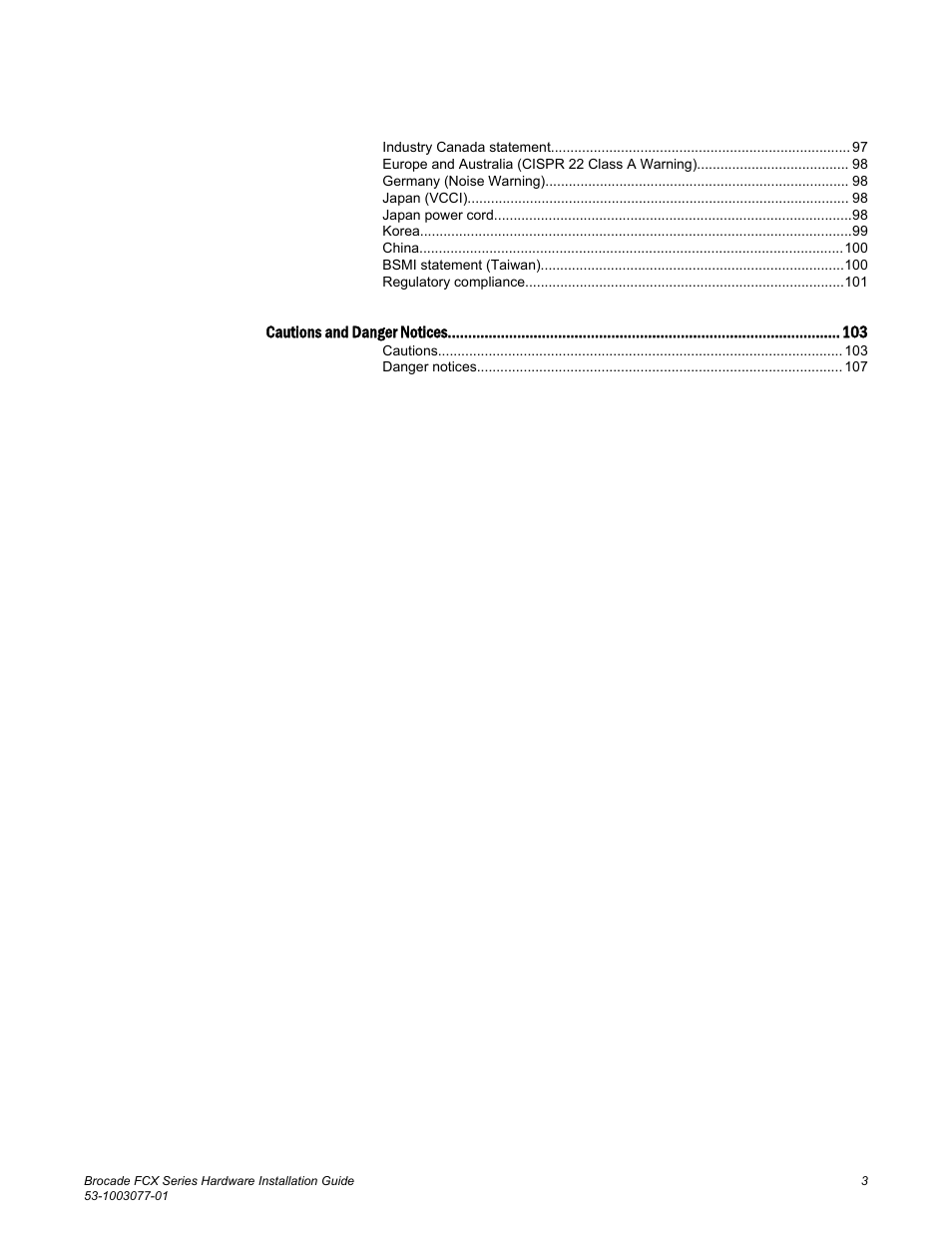 Cautions and danger notices | Brocade FCX Series Hardware Installation Guide User Manual | Page 5 / 112