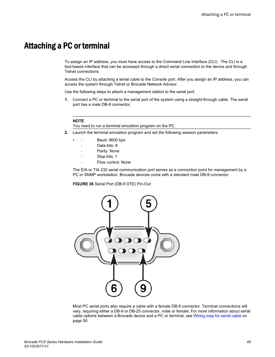 Attaching a pc or terminal | Brocade FCX Series Hardware Installation Guide User Manual | Page 51 / 112