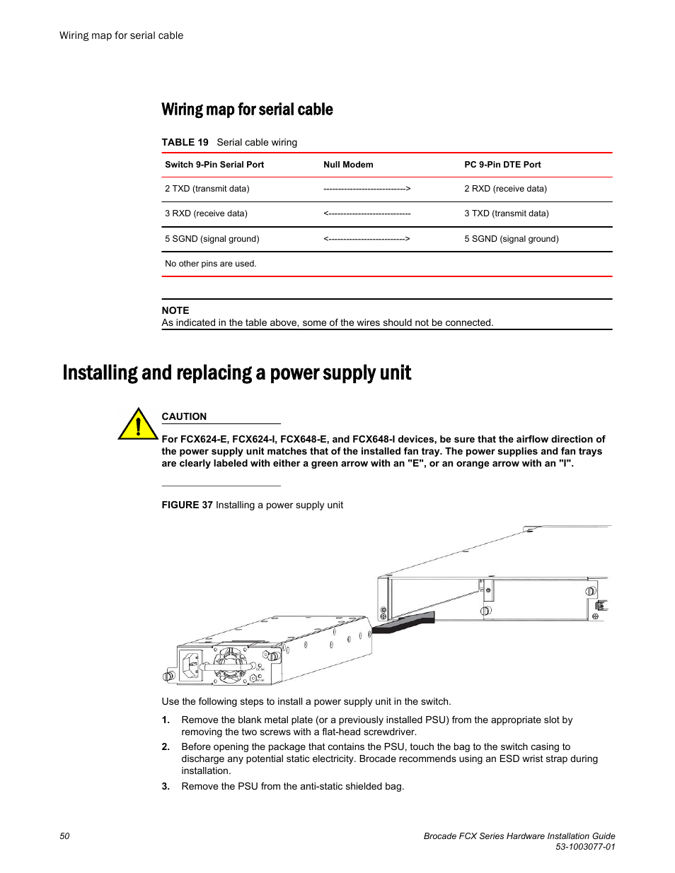 Wiring map for serial cable, Installing and replacing a power supply unit, Installing and replacing a power | Supply unit | Brocade FCX Series Hardware Installation Guide User Manual | Page 52 / 112