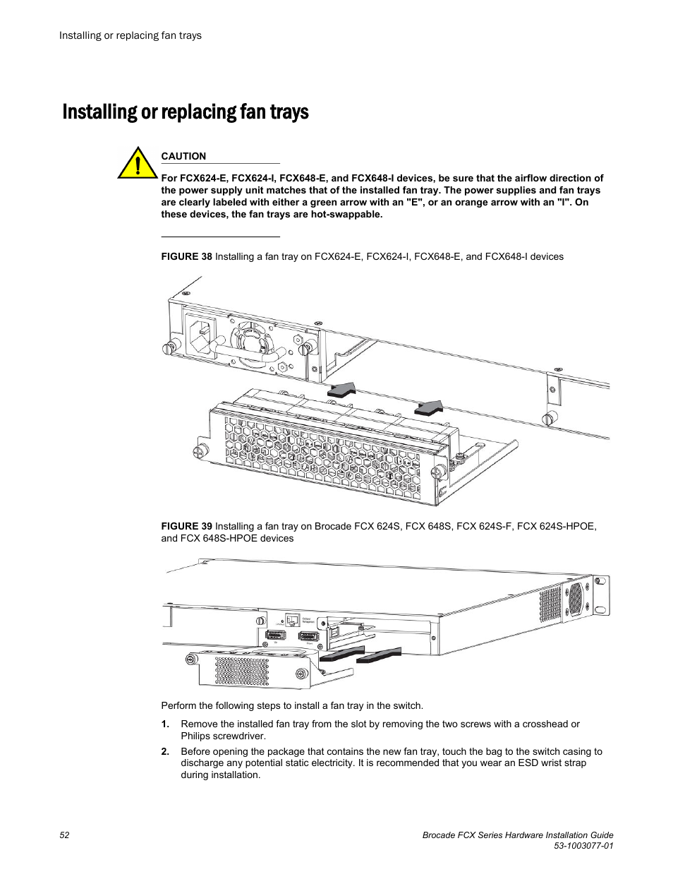 Installing or replacing fan trays | Brocade FCX Series Hardware Installation Guide User Manual | Page 54 / 112