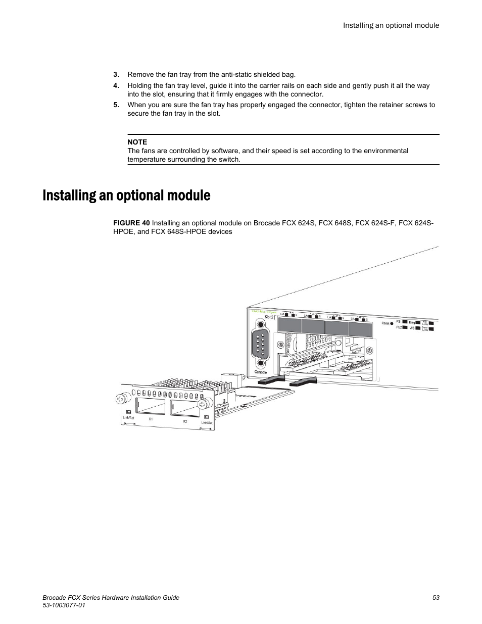 Installing an optional module | Brocade FCX Series Hardware Installation Guide User Manual | Page 55 / 112