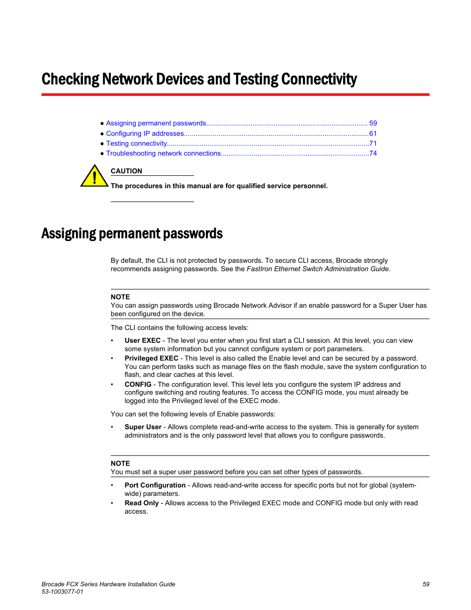 Checking network devices and testing connectivity, Assigning permanent passwords | Brocade FCX Series Hardware Installation Guide User Manual | Page 61 / 112