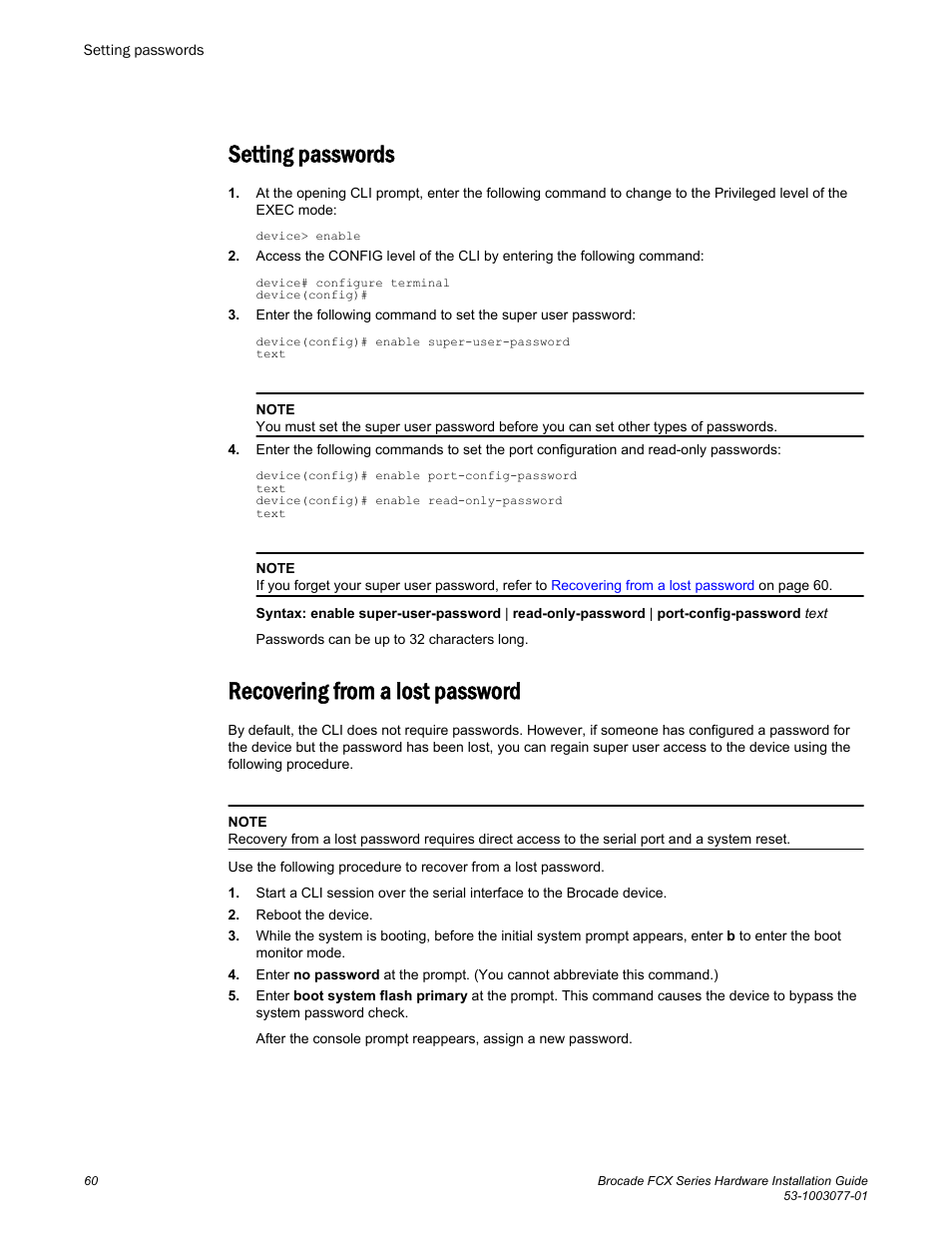 Setting passwords, Recovering from a lost password, Setting passwords recovering from a lost password | Brocade FCX Series Hardware Installation Guide User Manual | Page 62 / 112