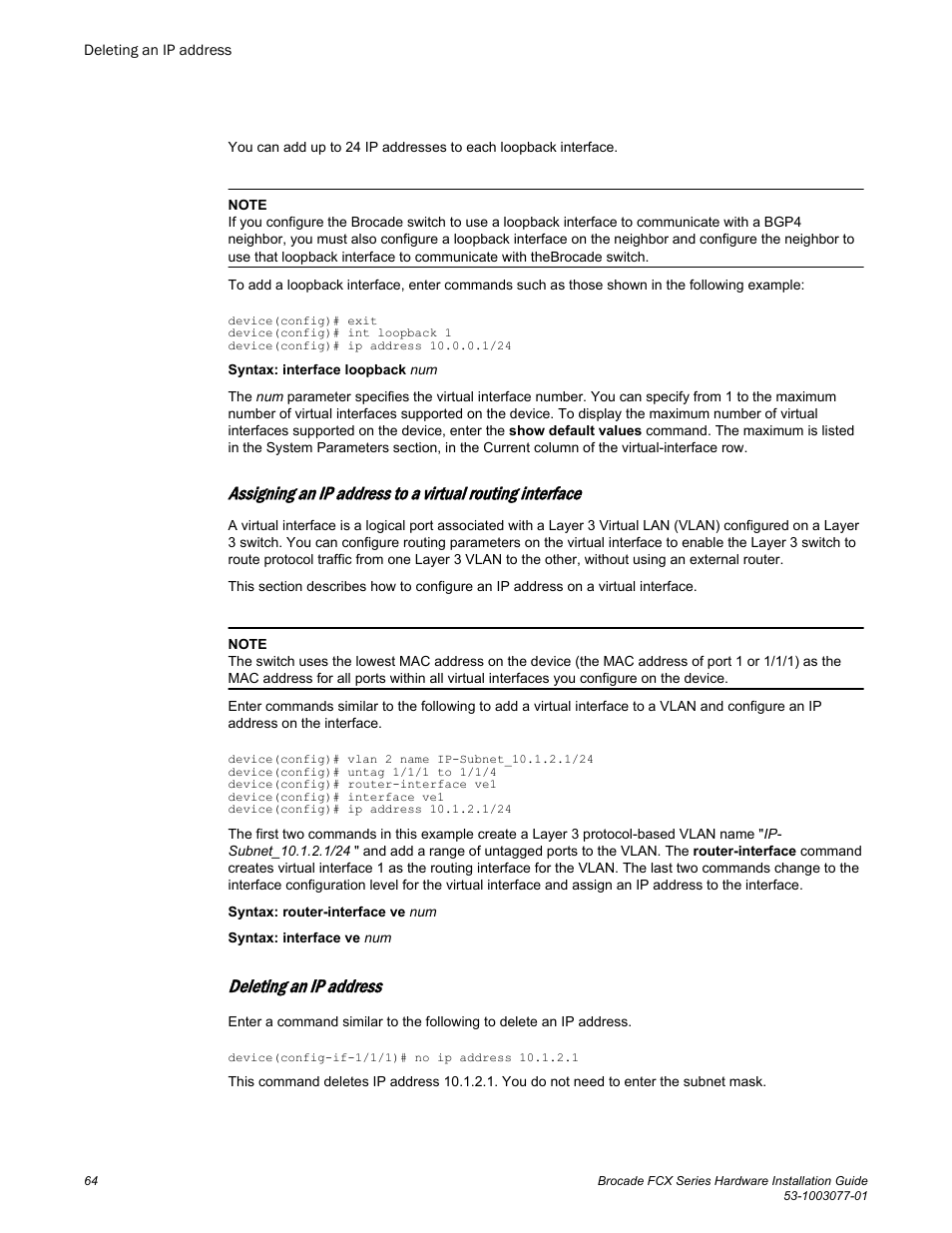 Deleting an ip address | Brocade FCX Series Hardware Installation Guide User Manual | Page 66 / 112