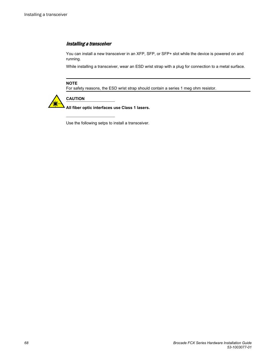 Installing a transceiver | Brocade FCX Series Hardware Installation Guide User Manual | Page 70 / 112