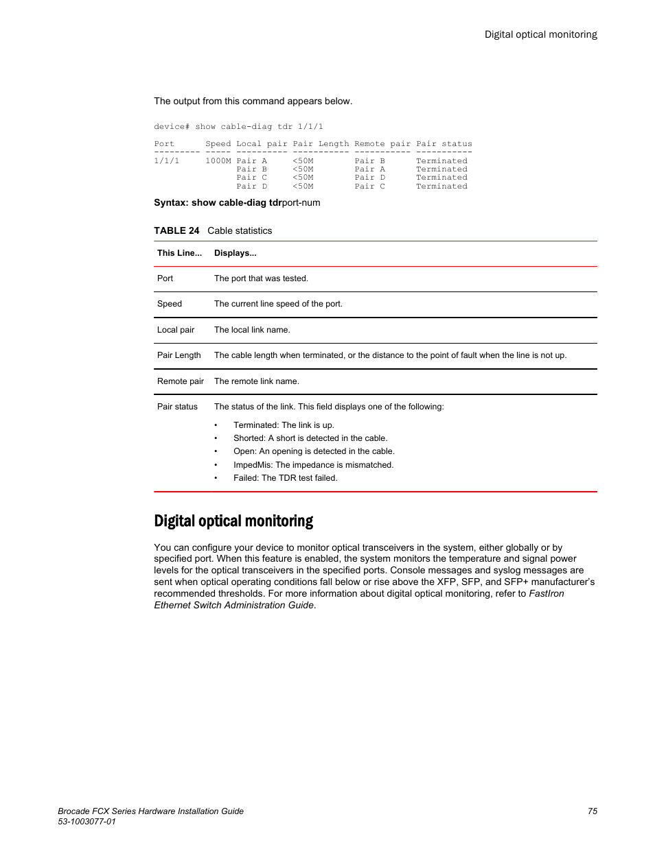 Digital optical monitoring | Brocade FCX Series Hardware Installation Guide User Manual | Page 77 / 112
