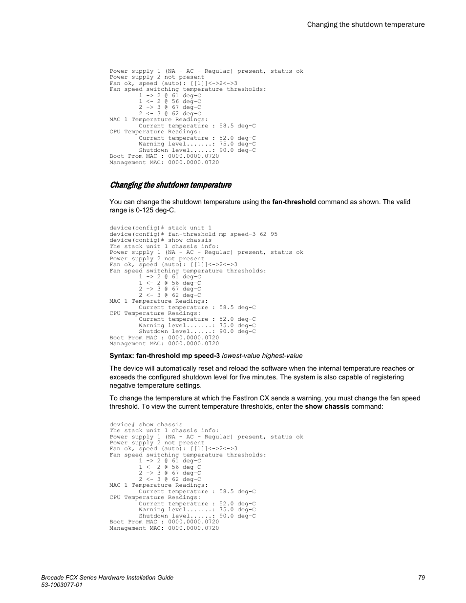 Changing the shutdown temperature | Brocade FCX Series Hardware Installation Guide User Manual | Page 81 / 112