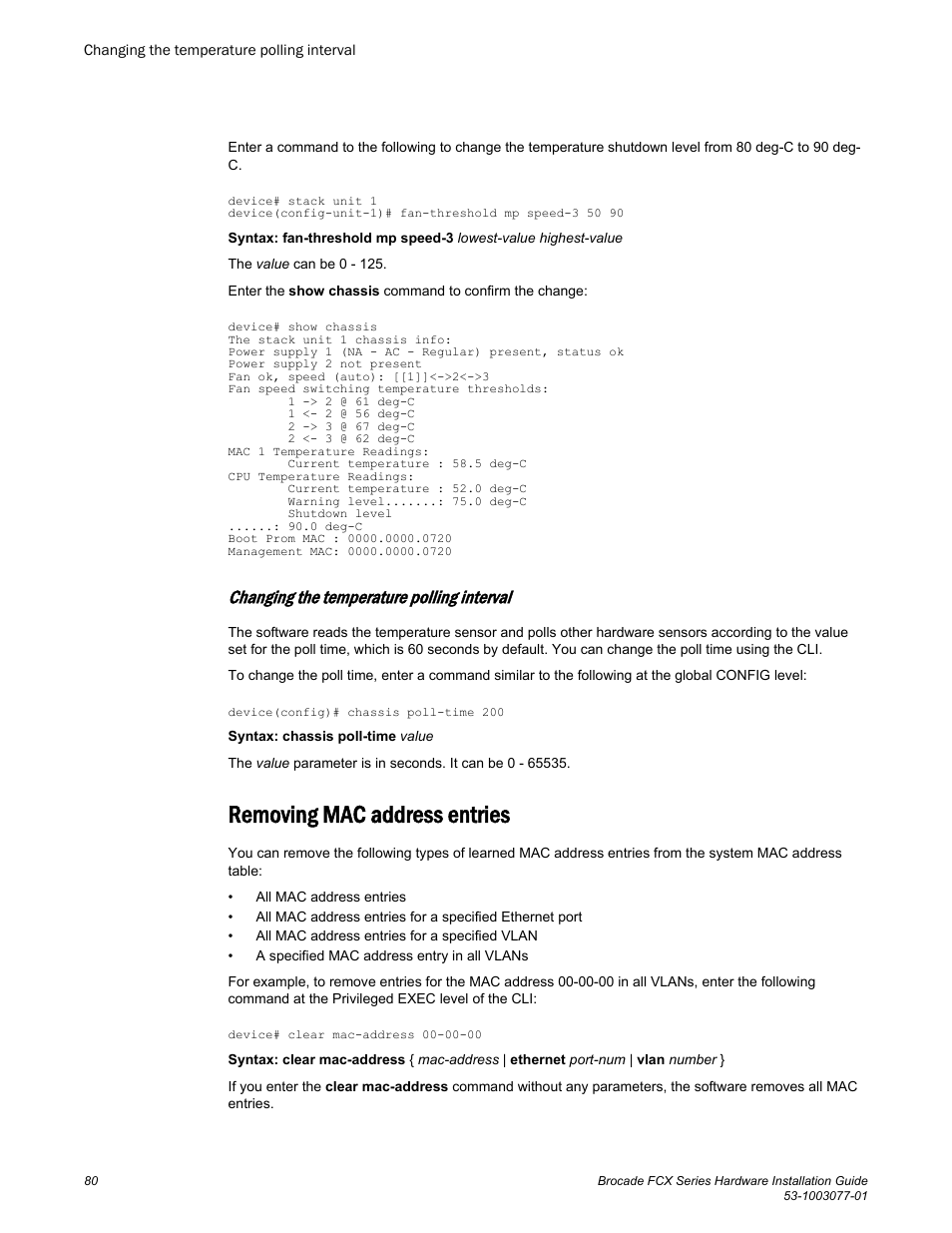 Changing the temperature polling interval, Removing mac address entries | Brocade FCX Series Hardware Installation Guide User Manual | Page 82 / 112