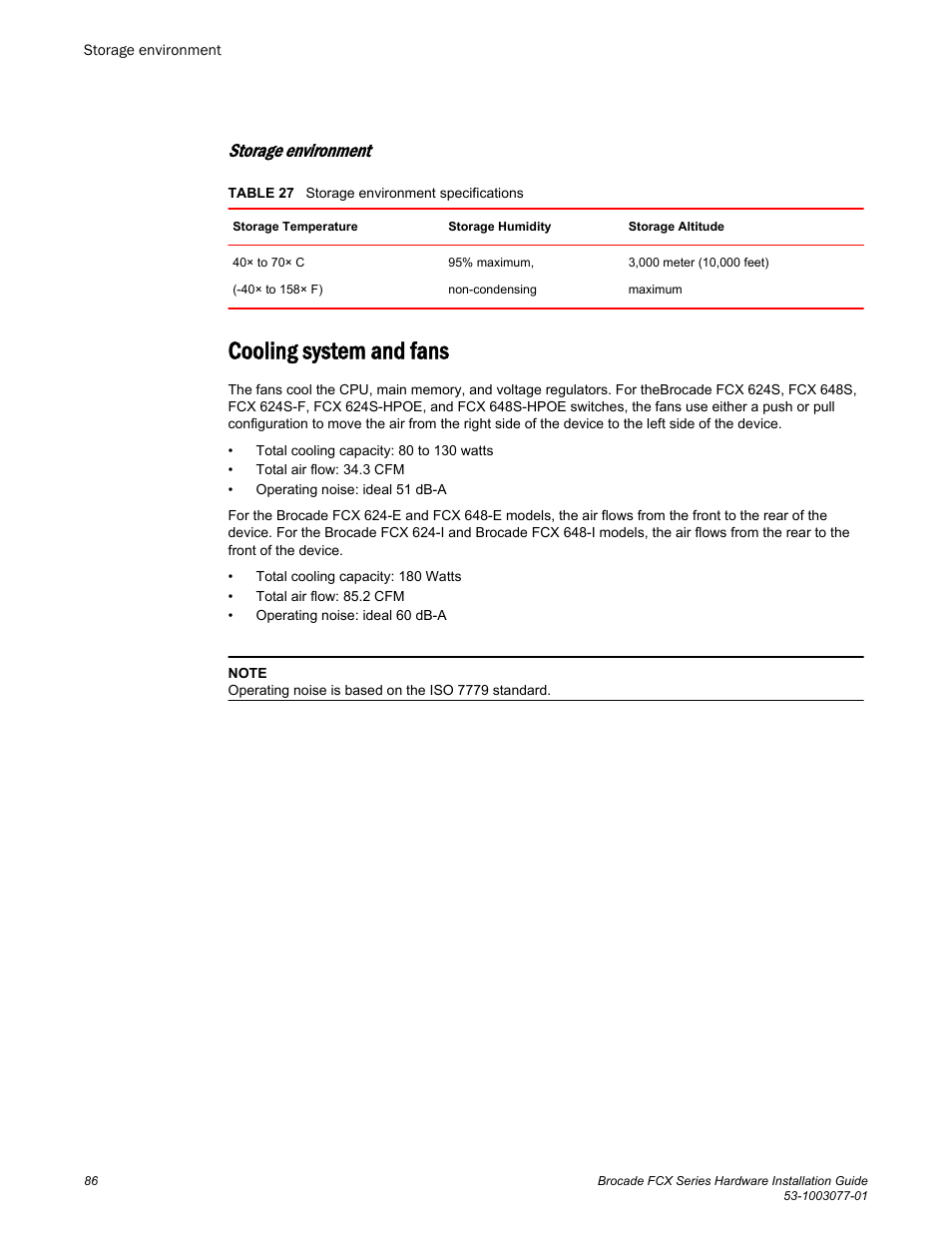 Storage environment, Cooling system and fans | Brocade FCX Series Hardware Installation Guide User Manual | Page 88 / 112