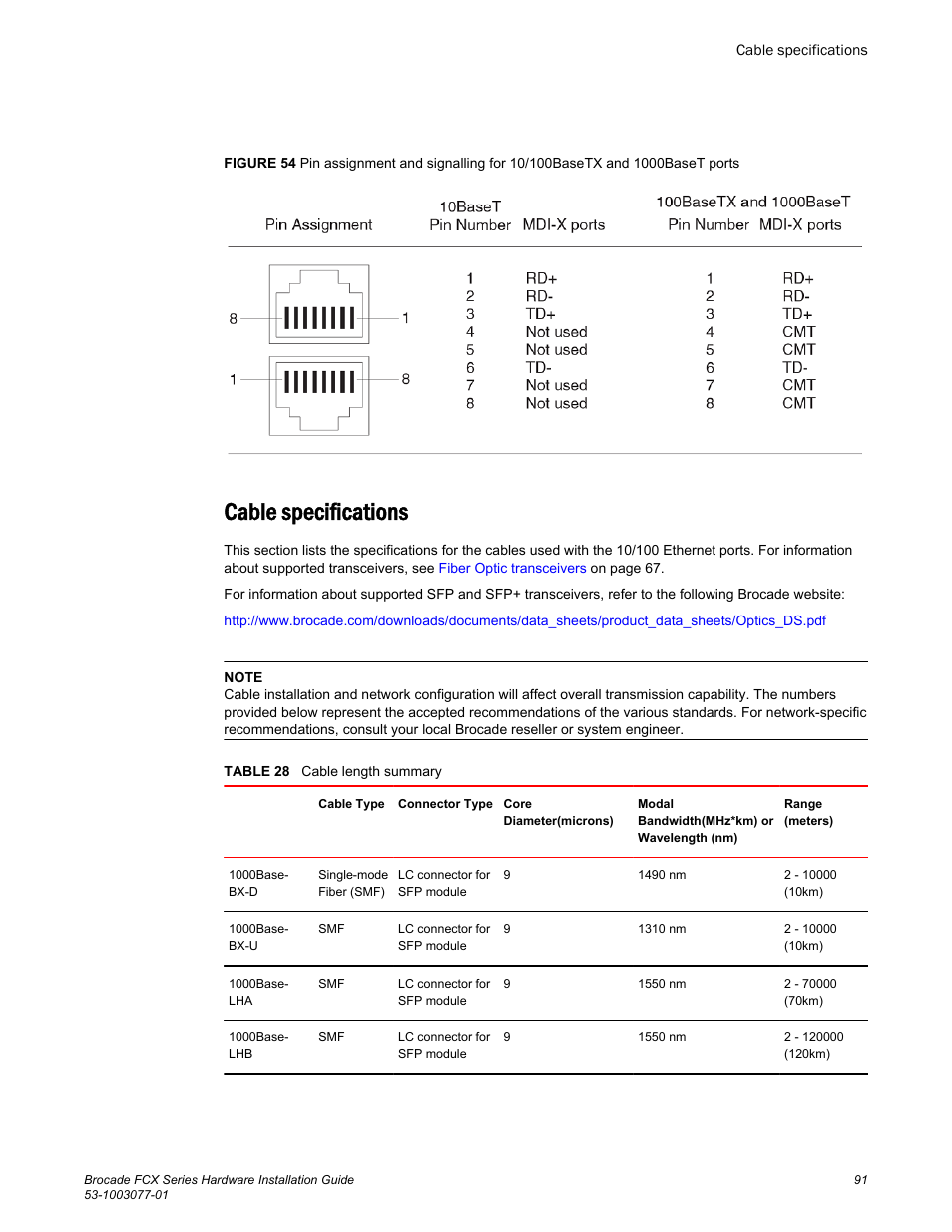 Cable specifications | Brocade FCX Series Hardware Installation Guide User Manual | Page 93 / 112