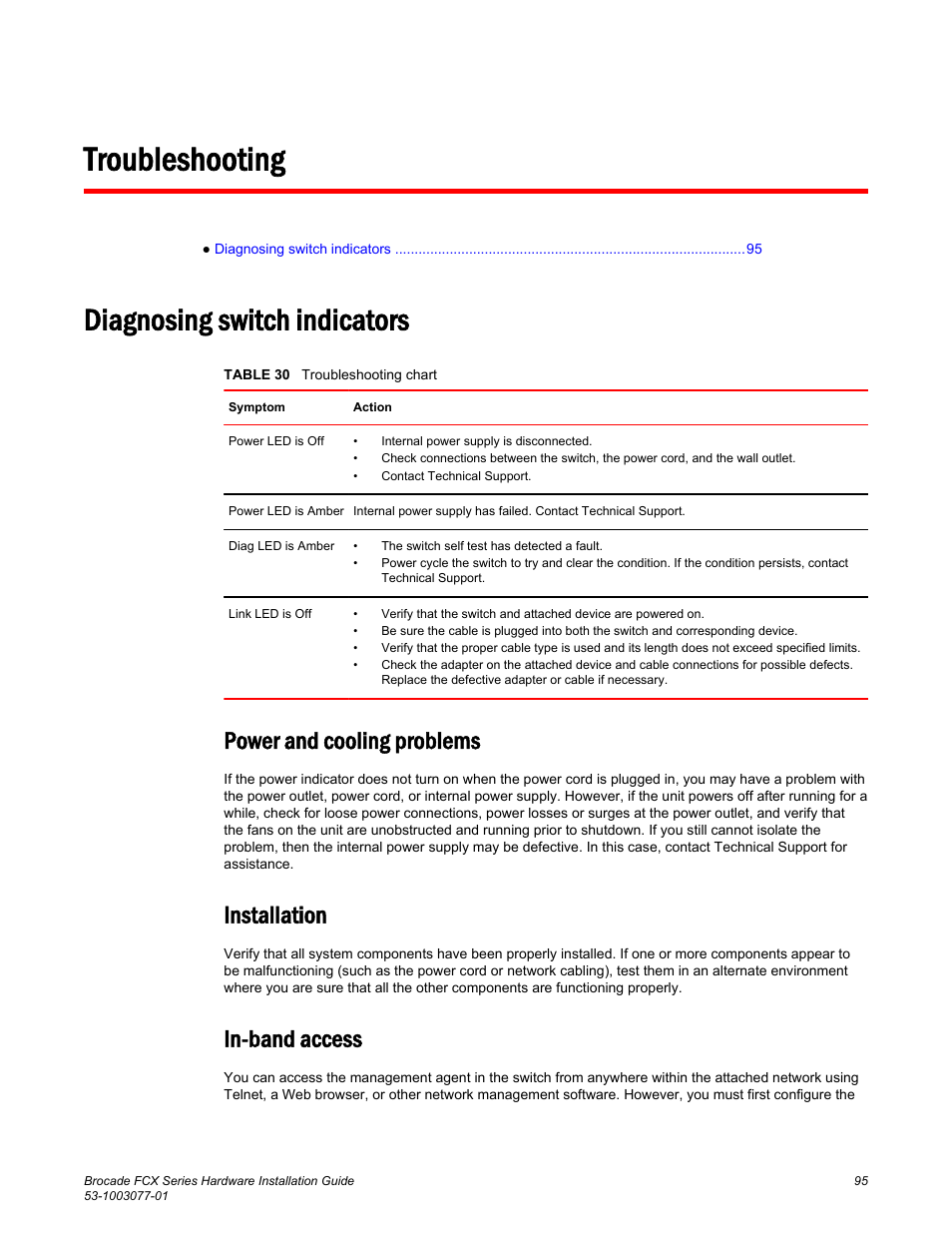 Troubleshooting, Diagnosing switch indicators, Power and cooling problems | Installation, In-band access | Brocade FCX Series Hardware Installation Guide User Manual | Page 97 / 112