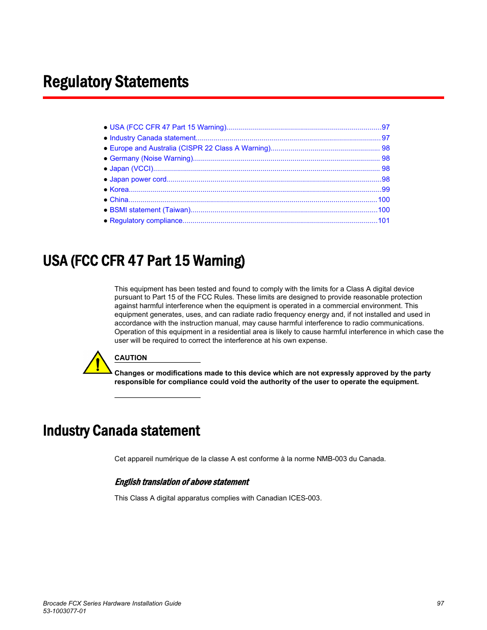 Regulatory statements, Usa (fcc cfr 47 part 15 warning), Industry canada statement | Brocade FCX Series Hardware Installation Guide User Manual | Page 99 / 112