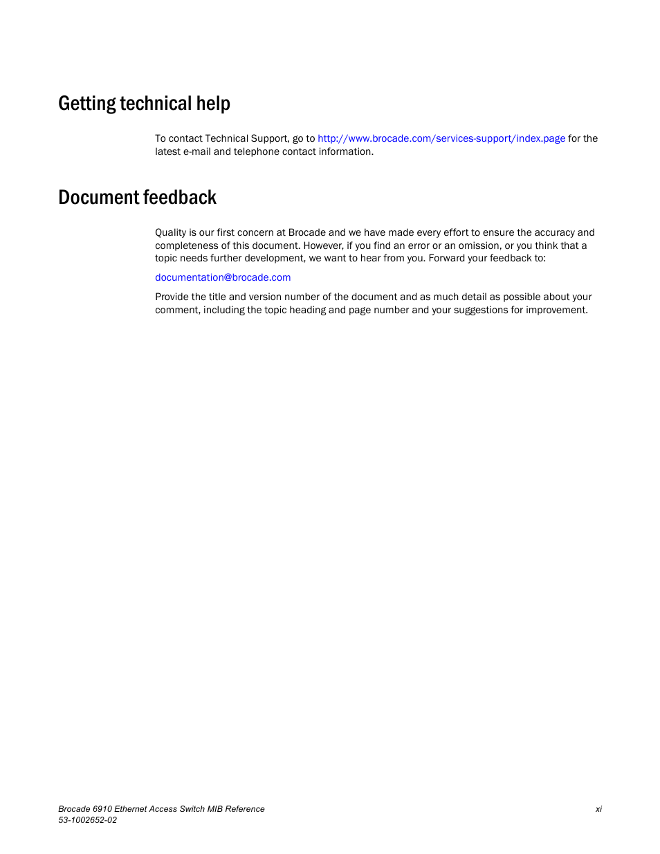 Getting technical help, Document feedback | Brocade 6910 Ethernet Access Switch MIB Reference User Manual | Page 11 / 102