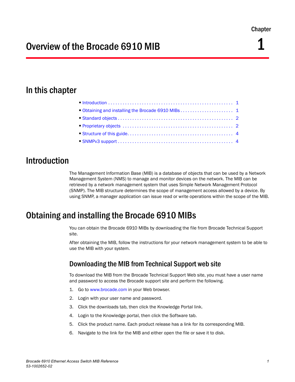 Overview of the brocade 6910 mib, In this chapter, Introduction | Obtaining and installing the brocade 6910 mibs, Chapter 1 | Brocade 6910 Ethernet Access Switch MIB Reference User Manual | Page 13 / 102