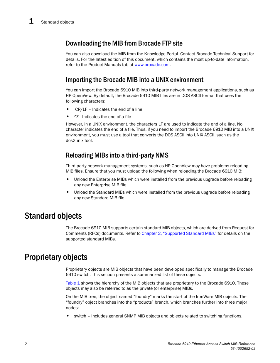 Downloading the mib from brocade ftp site, Importing the brocade mib into a unix environment, Reloading mibs into a third-party nms | Standard objects, Proprietary objects | Brocade 6910 Ethernet Access Switch MIB Reference User Manual | Page 14 / 102