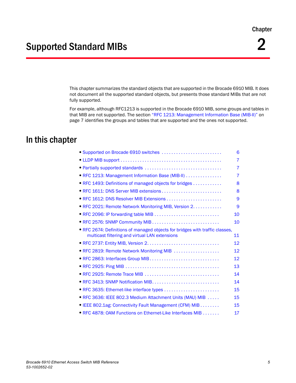 Supported standard mibs, In this chapter, Chapter 2 | Chapter | Brocade 6910 Ethernet Access Switch MIB Reference User Manual | Page 17 / 102