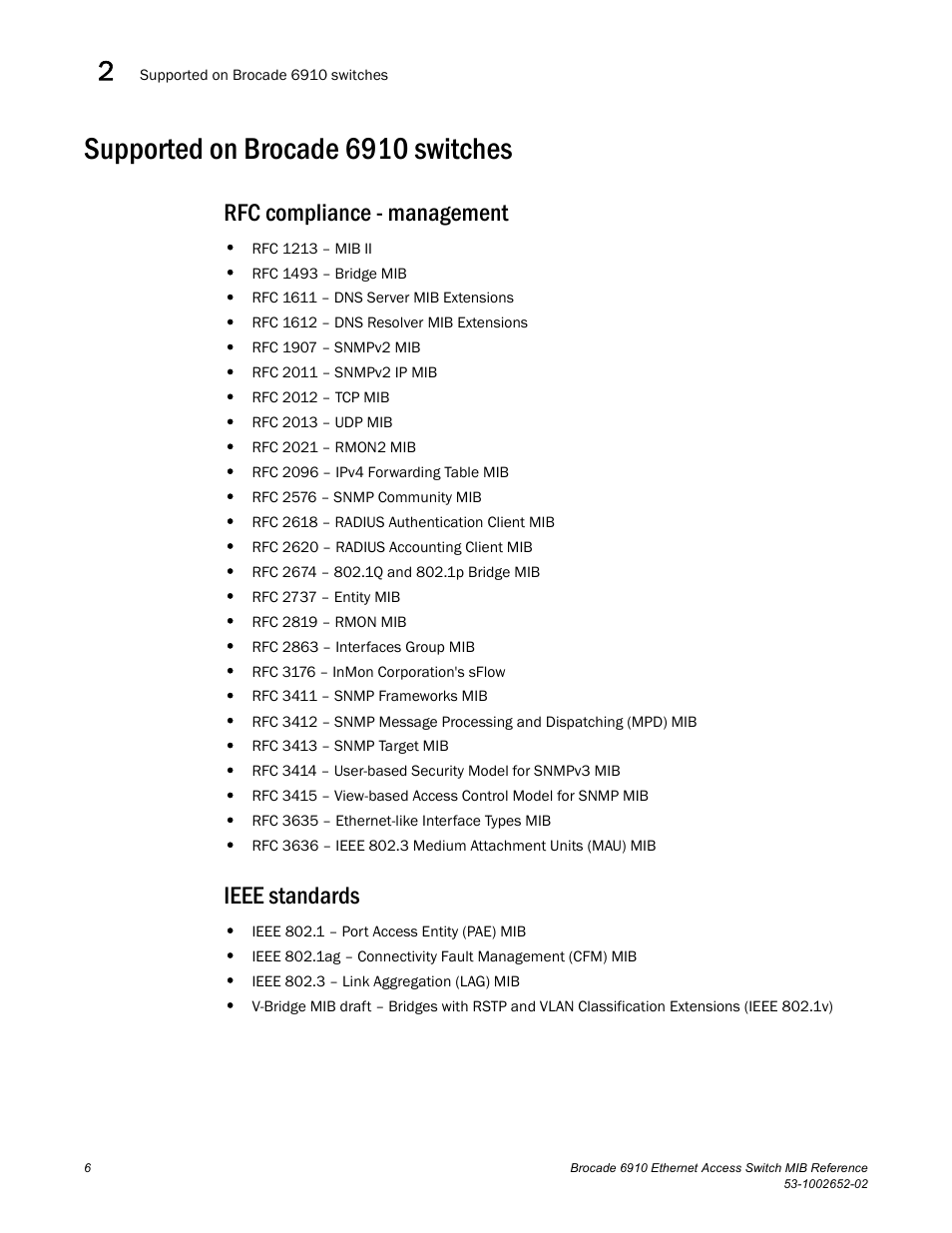 Supported on brocade 6910 switches, Rfc compliance - management, Ieee standards | Rfc compliance - management ieee standards | Brocade 6910 Ethernet Access Switch MIB Reference User Manual | Page 18 / 102